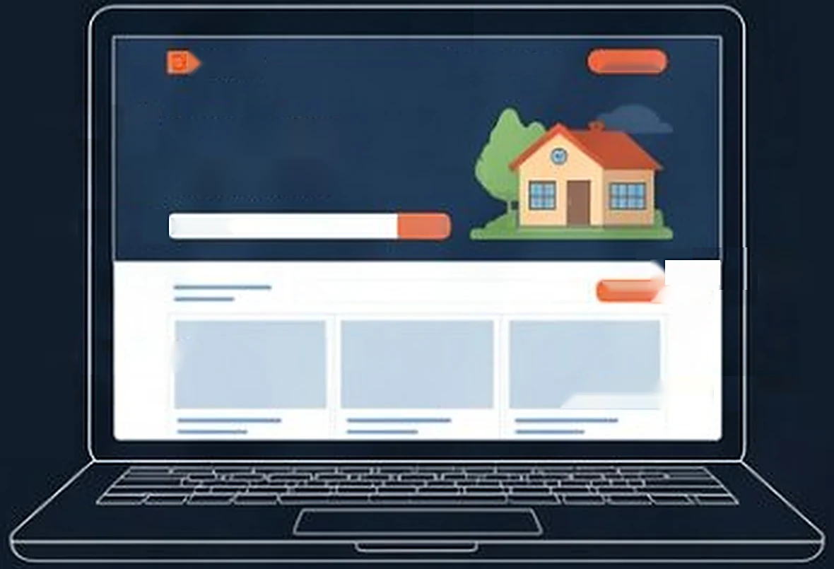 Laptop showing a real estate agency website with a hero image, search bar and listing grid